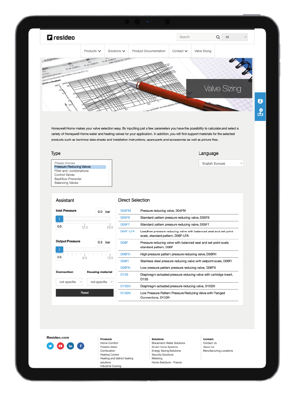 Tablet screen showing the Resideo valve sizing calculator